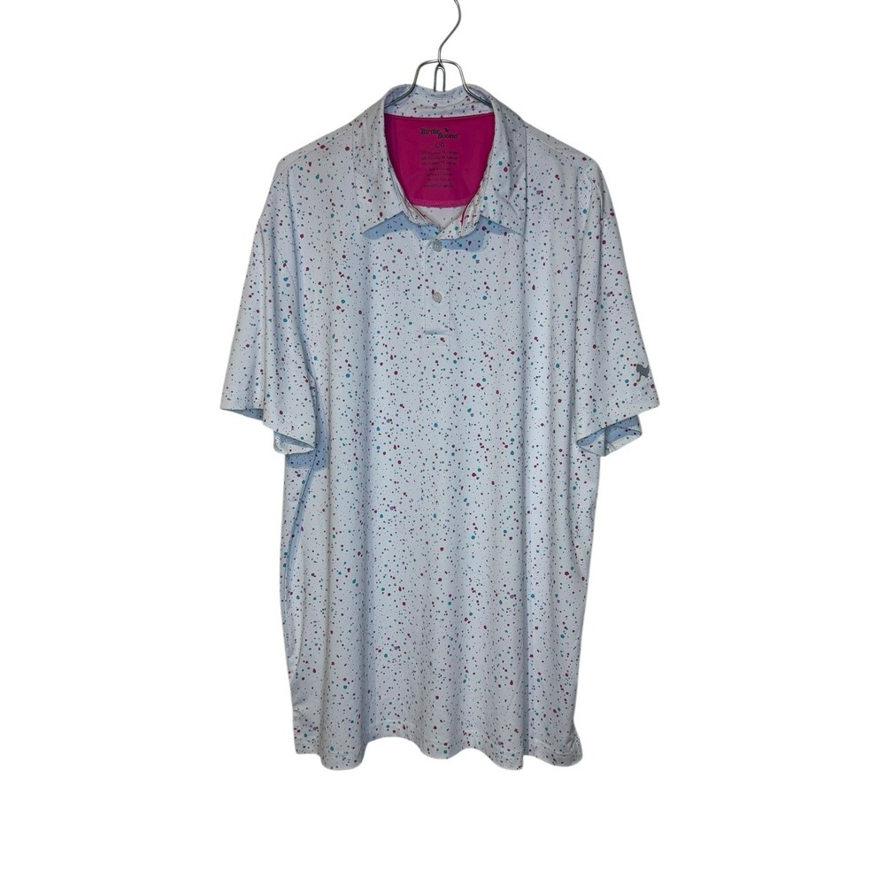 Birdie Bound Men's Shirt Golf Polo Short Sleeve Collared Splatter White Large